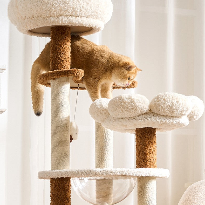 Arbre à chat Crème Cozy – Multi-niveaux, paniers doux & sisal