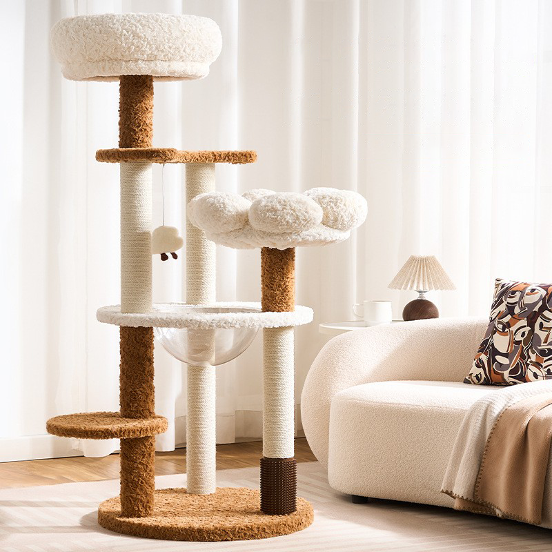 Arbre à chat Crème Cozy – Multi-niveaux, paniers doux & sisal