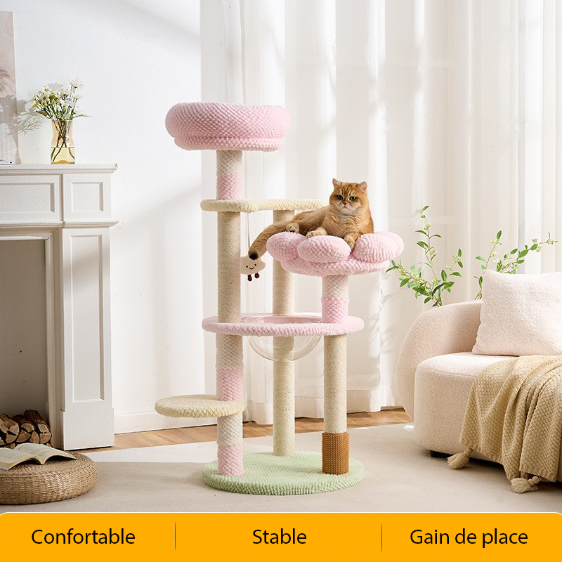 Arbre à chat Crème Cozy – Multi-niveaux, paniers doux & sisal
