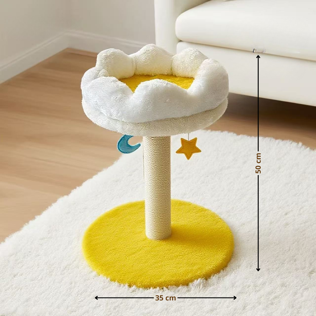 Arbre à chat compact Nuage Étoilé – panier en peluche teddy & tronc en sisal