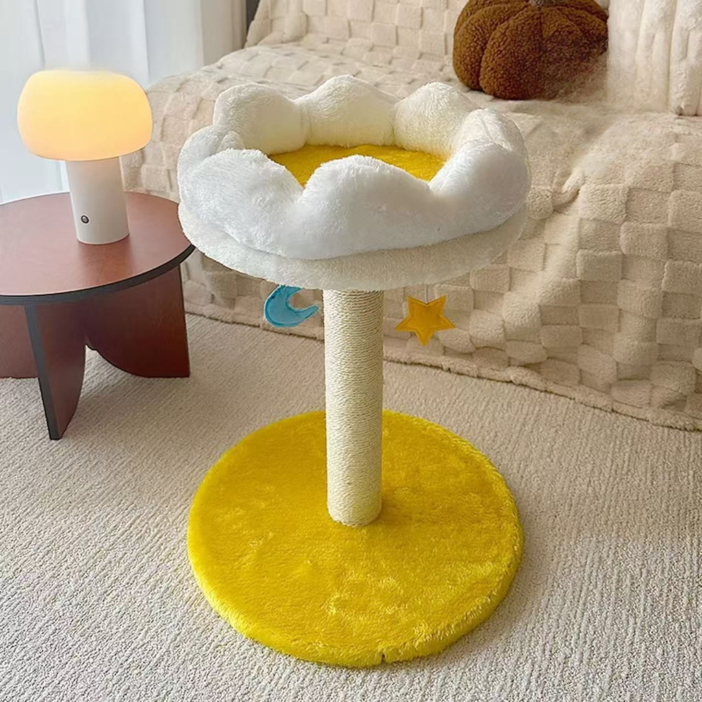 Arbre à chat compact Nuage Étoilé – panier en peluche teddy & tronc en sisal