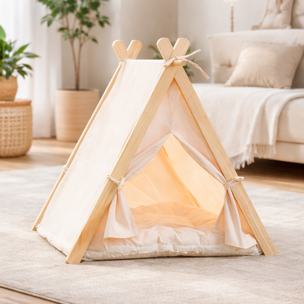 Couchage pour chat & chien – Maison cosy en bois, style tente